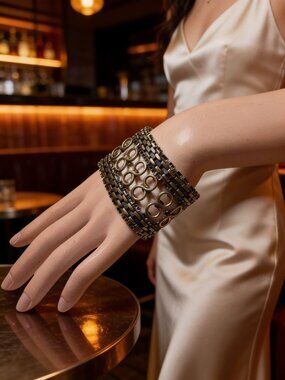 vintage womens retro silver tone link textured hook closure cuff bracelet.